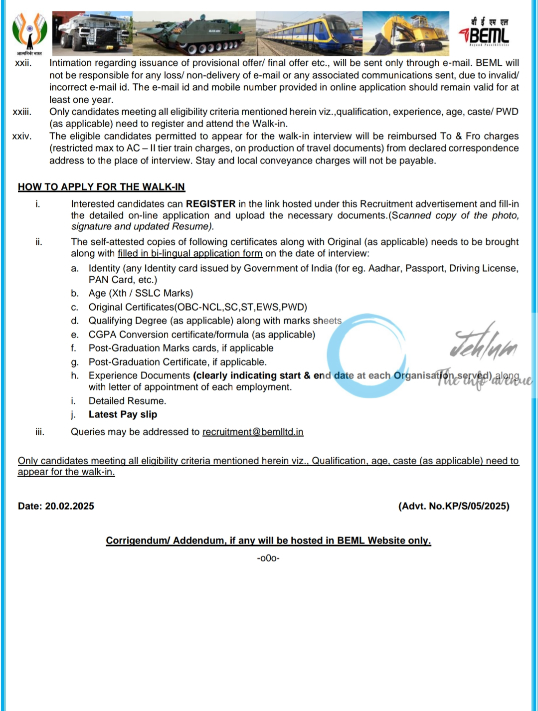 BEML LIMITED RECRUITMENT OF EXECUTIVES FOR ENGINE PROJECT ADVT NO KP/S/05/2025