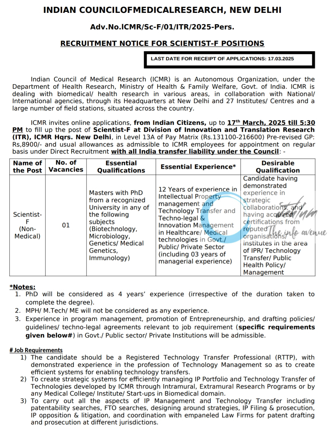 ICMR SCIENTIST-F RECRUITMENT ADVT NO ICMR/Sc-F/01/ITR/2025-Pers