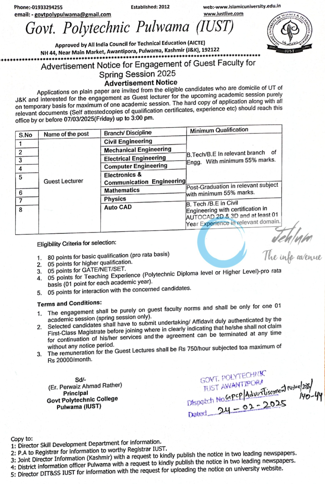 Govt Polytechnic Pulwama IUST Guest Faculty Recruitment Advertisement Notice 2025