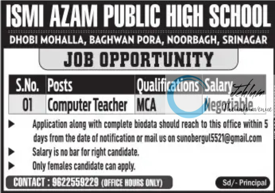 ISMI AZAM PUBLIC HIGH SCHOOL SRINAGAR JOBS OPPORTUNITY 2025