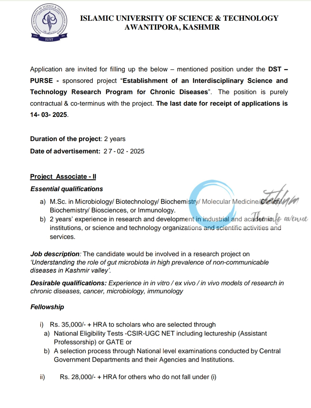 IUST AWANTIPORA KASHMIR Project Associate - II Recruitment Advertisement Notice 2025