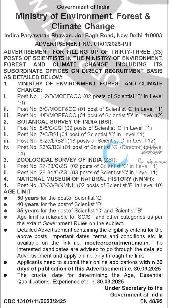 Ministry of Environment Forest & Climate Change Scientists Recruitment Advertisement No 01/01/2025-PIII