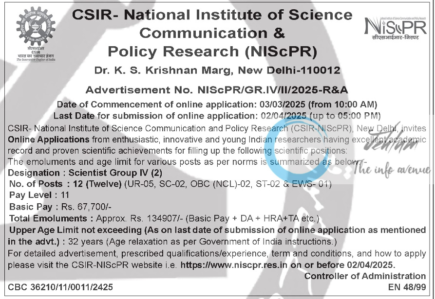 CSIR- National Institute of Science Communication & Policy Research Scientist Group IV Recruitment Advertisement No NISCPR/GRIV/II/2025-R&A