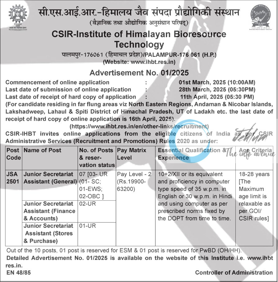 CSIR-IHBT Junior Secretariat Assistant Recruitment Advertisement No 01/2025