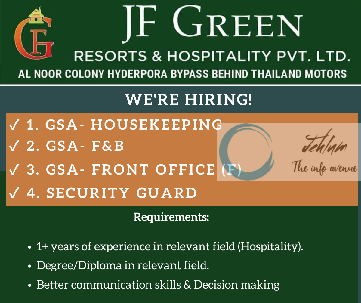 JF GREEN RESORTS & HOSPITALITY SRINAGAR JOBS VACANCY 2025