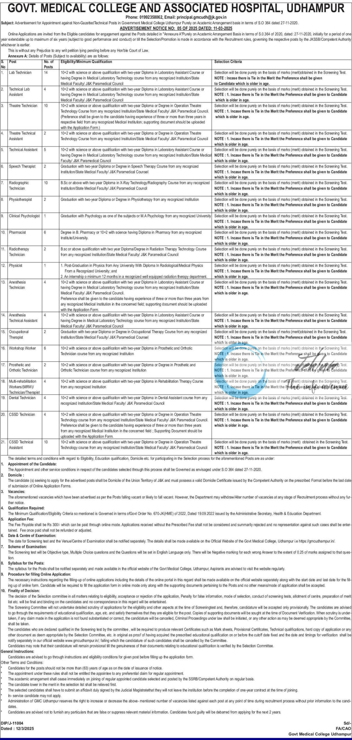 GMC UDHAMPUR ADVERTISEMENT NOTICE NO 05 OF 2025