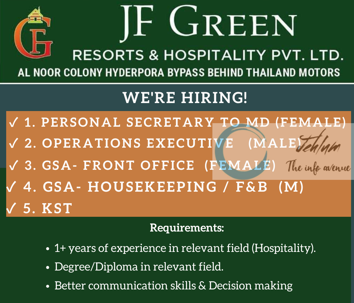 JF GREEN RESORTS AND HOSPITALITY SRINAGAR JOBS OPENINGS 2025