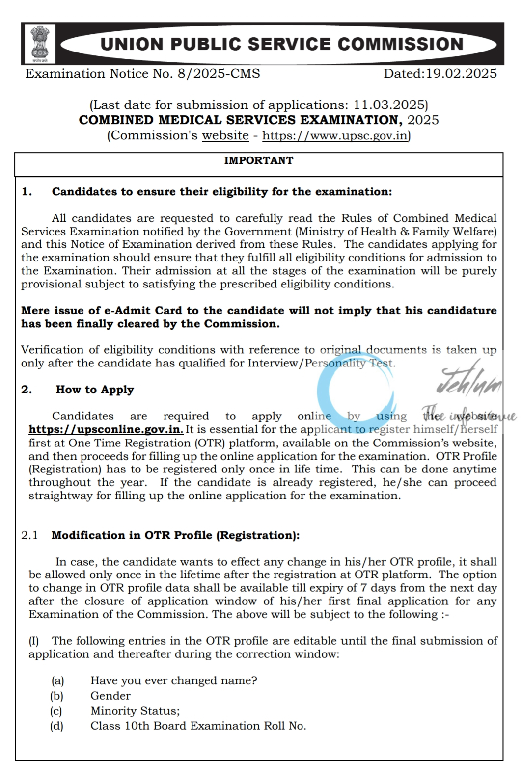 UPSC COMBINED MEDICAL SERVICES EXAMINATION 2025