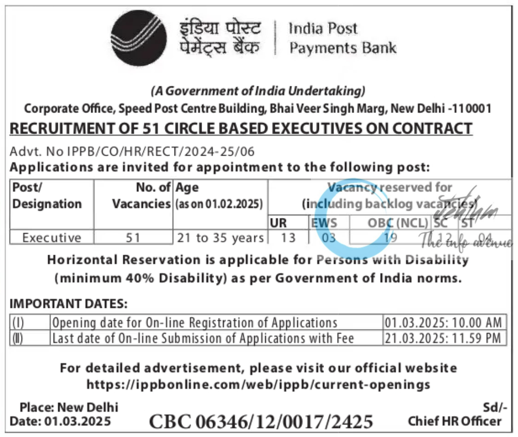 INDIA POST PAYMENTS BANK CIRCLE BASED EXECUTIVES RECRUITMENT ADVT NO IPPB/CO/HR/RECT/2024-25/06