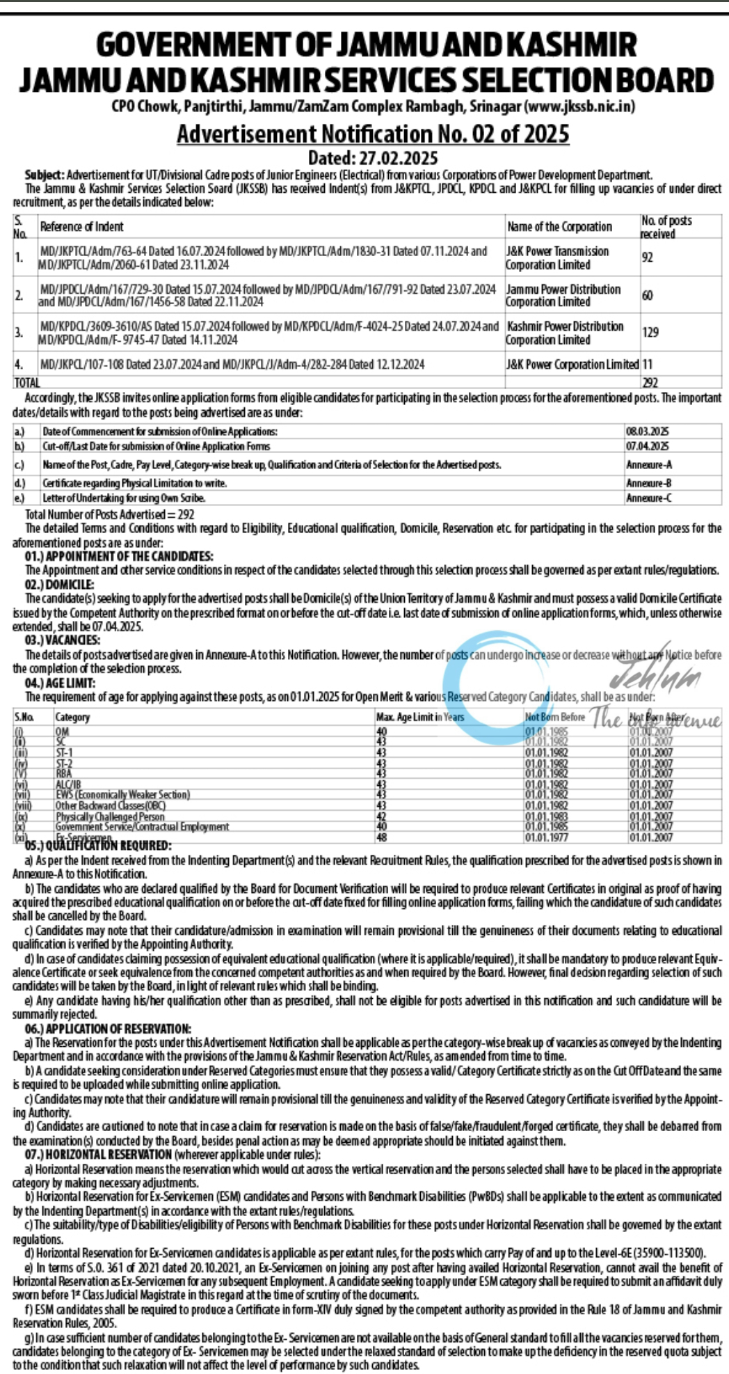 JKSSB ELECTRICAL JUNIOR ENGINEERS RECRUITMENT ADVERTISEMENT NOTIFICATION NO 02 OF 2025