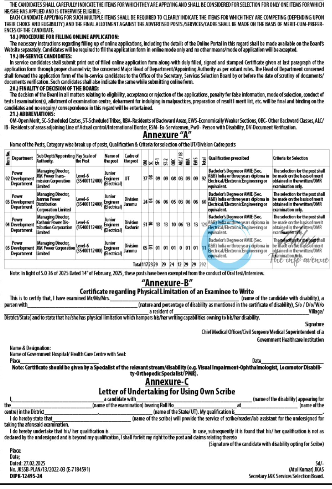 JKSSB ELECTRICAL JUNIOR ENGINEERS RECRUITMENT ADVERTISEMENT NOTIFICATION NO 02 OF 2025