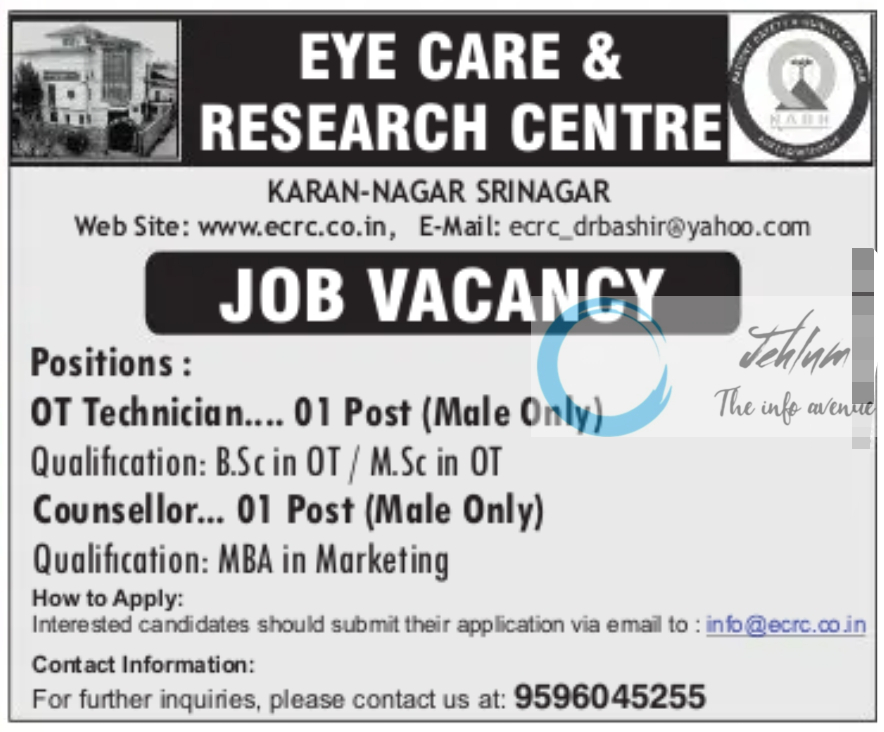 EYE CARE AND RESEARCH CENTRE SRINAGAR JOBS VACANCY 2025