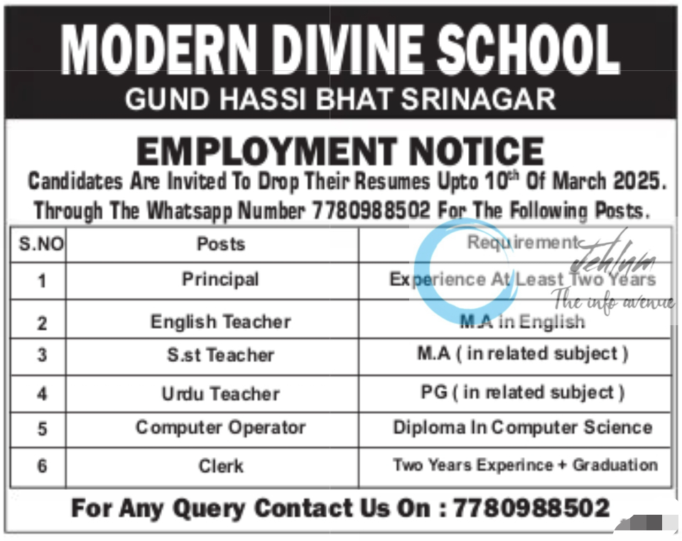 MODERN DIVINE SCHOOL SRINAGAR EMPLOYMENT NOTICE 2025