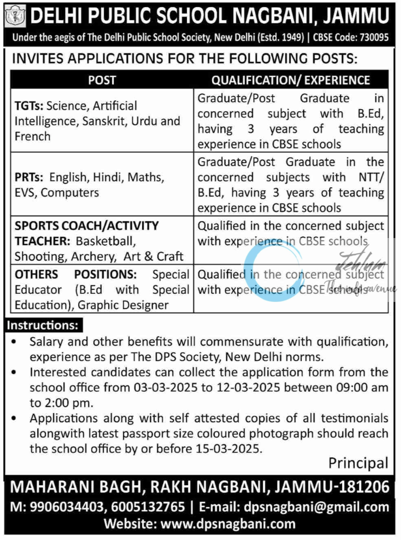 DELHI PUBLIC SCHOOL DPS JAMMU JOBS OPENINGS 2025