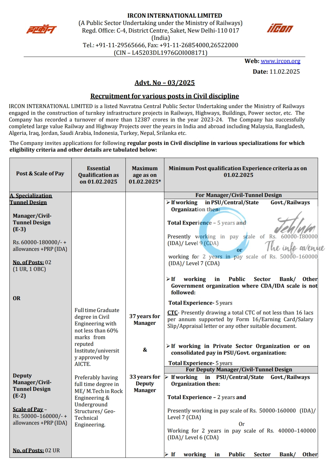 IRCON INTERNATIONAL LIMITED Civil Discipline Recruitment Advt No 03/2025