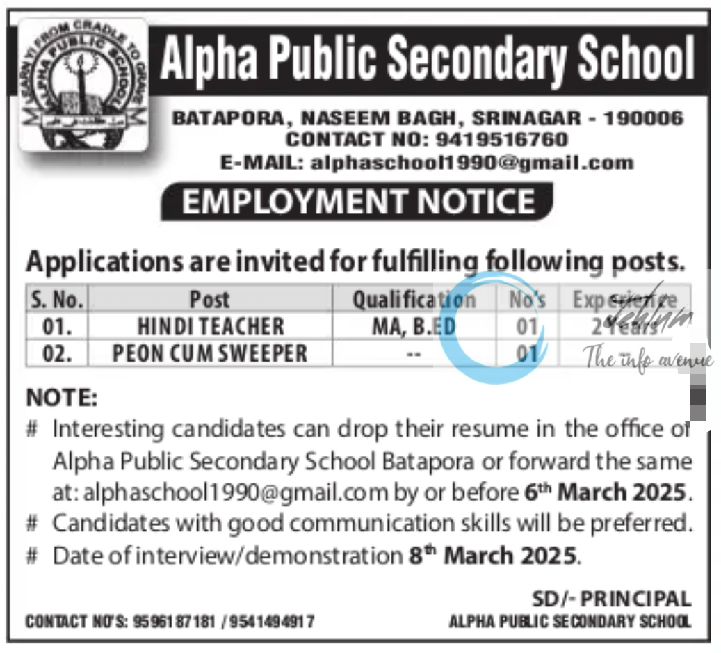 Alpha Public Secondary School Srinagar Employment Notice 2025