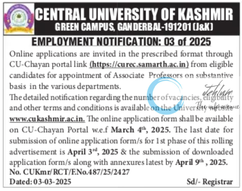 CENTRAL UNIVERSITY OF KASHMIR EMPLOYMENT NOTIFICATION 03 OF 2025