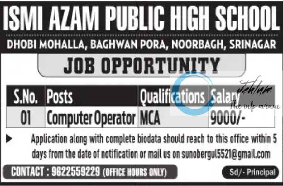 ISMI AZAM PUBLIC HIGH SCHOOL SRINAGAR JOBS OPENINGS 2025