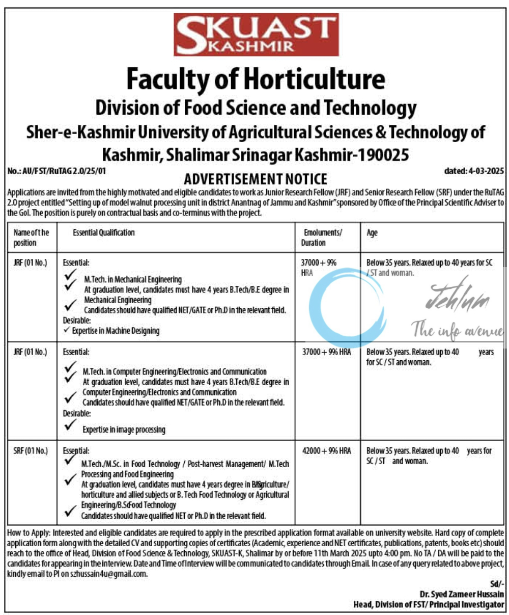 SKUAST Kashmir Division of Food Science and Technology Advertisement Notification No AU/FST/RuTAG 20/25/01