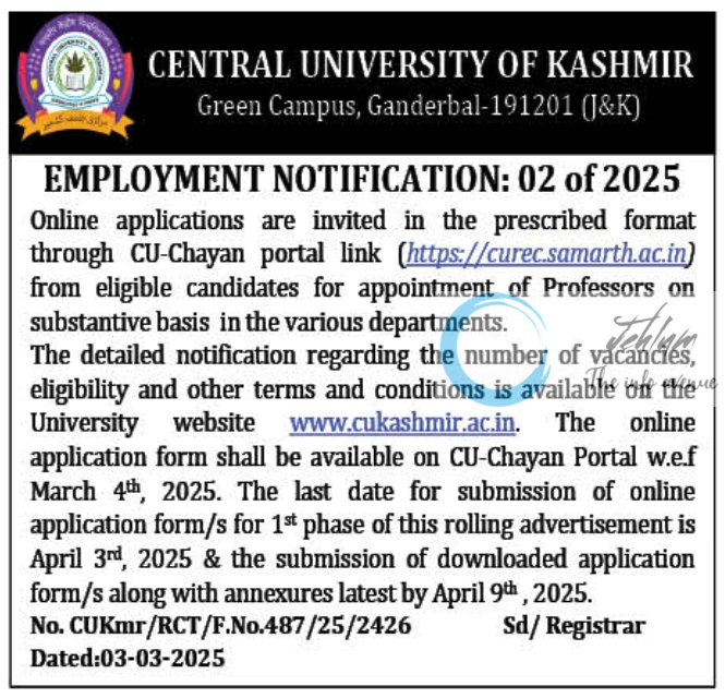 CENTRAL UNIVERSITY OF KASHMIR EMPLOYMENT NOTIFICATION 02 OF 2025