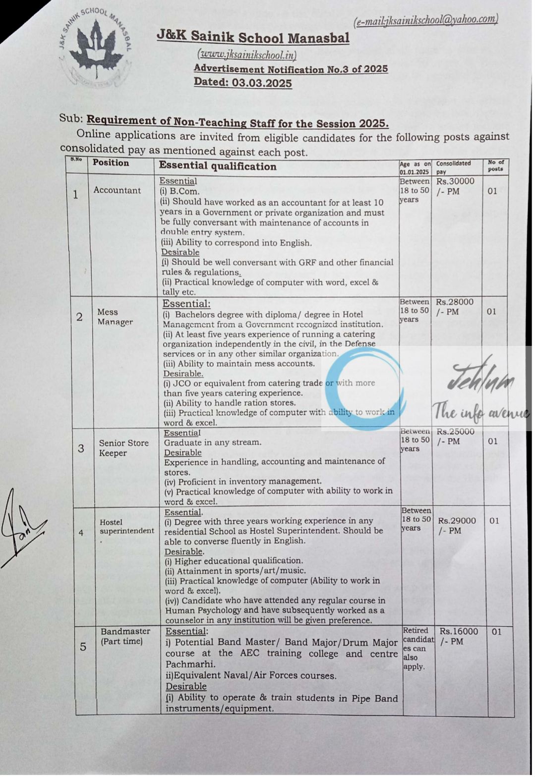 J&K Sainik School Manasbal Non-Teaching Staff Advertisement Notification No 3 of 2025