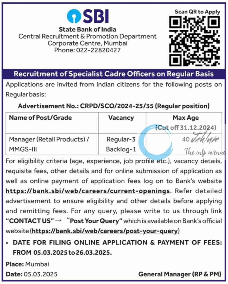 SBI Managers/Specialist Cadre Officers Recruitment Advertisement No CRPD/SCO/2024-25/35