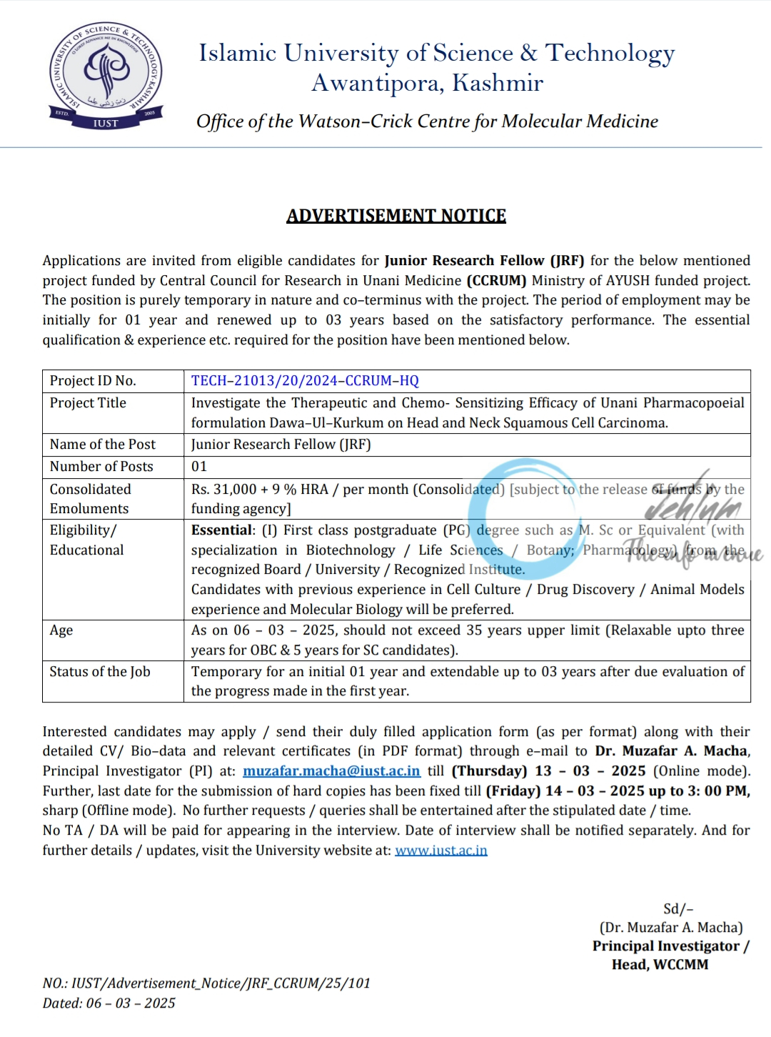 IUST Awantipora Watson-Crick Centre for Molecular Medicine Advertisement Notice No JRF_CCRUM/25/101