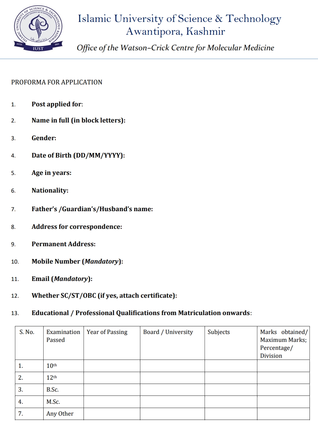 IUST Awantipora Watson-Crick Centre for Molecular Medicine Advertisement Notice No JRF_CCRUM/25/101