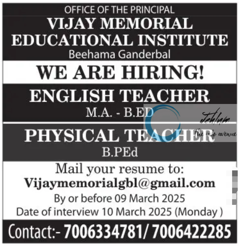 VIJAY MEMORIAL EDUCATIONAL INSTITUTE GANDERBAL JOBS OPENINGS 2025