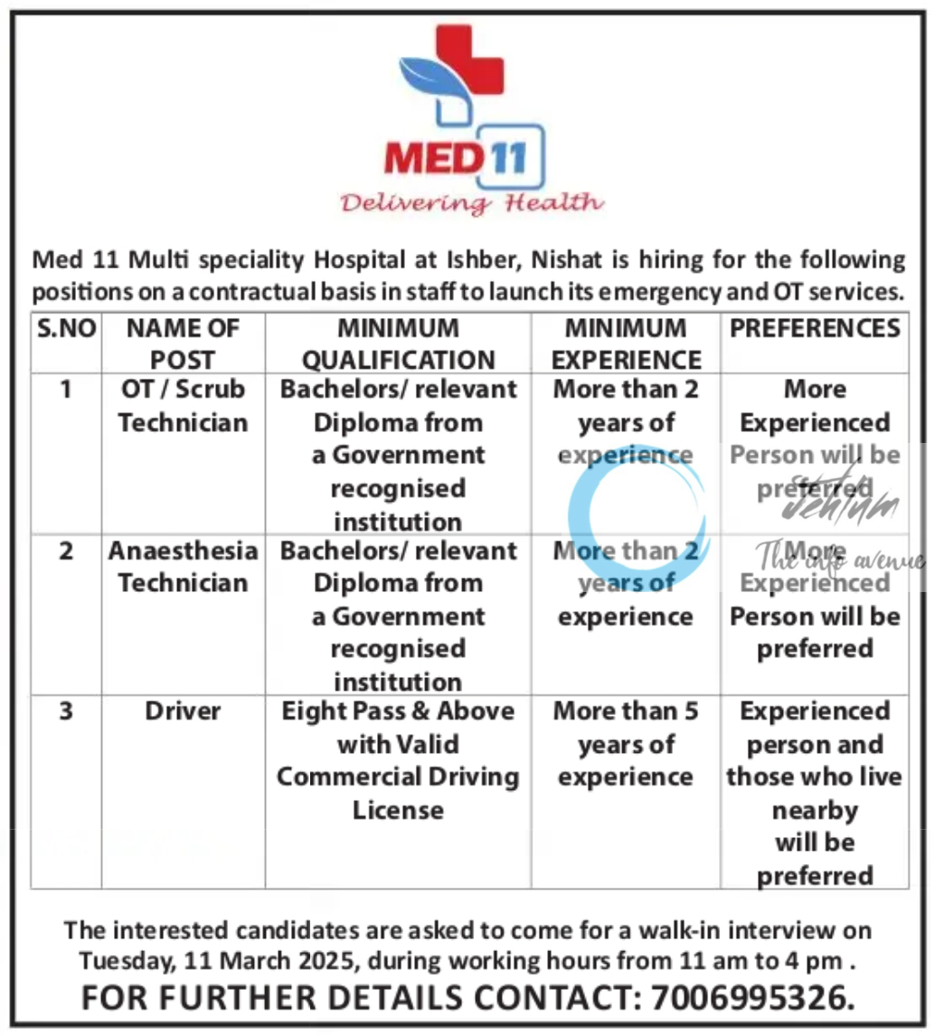 Med 11 Multi Speciality Hospital Srinagar Jobs Openings 2025