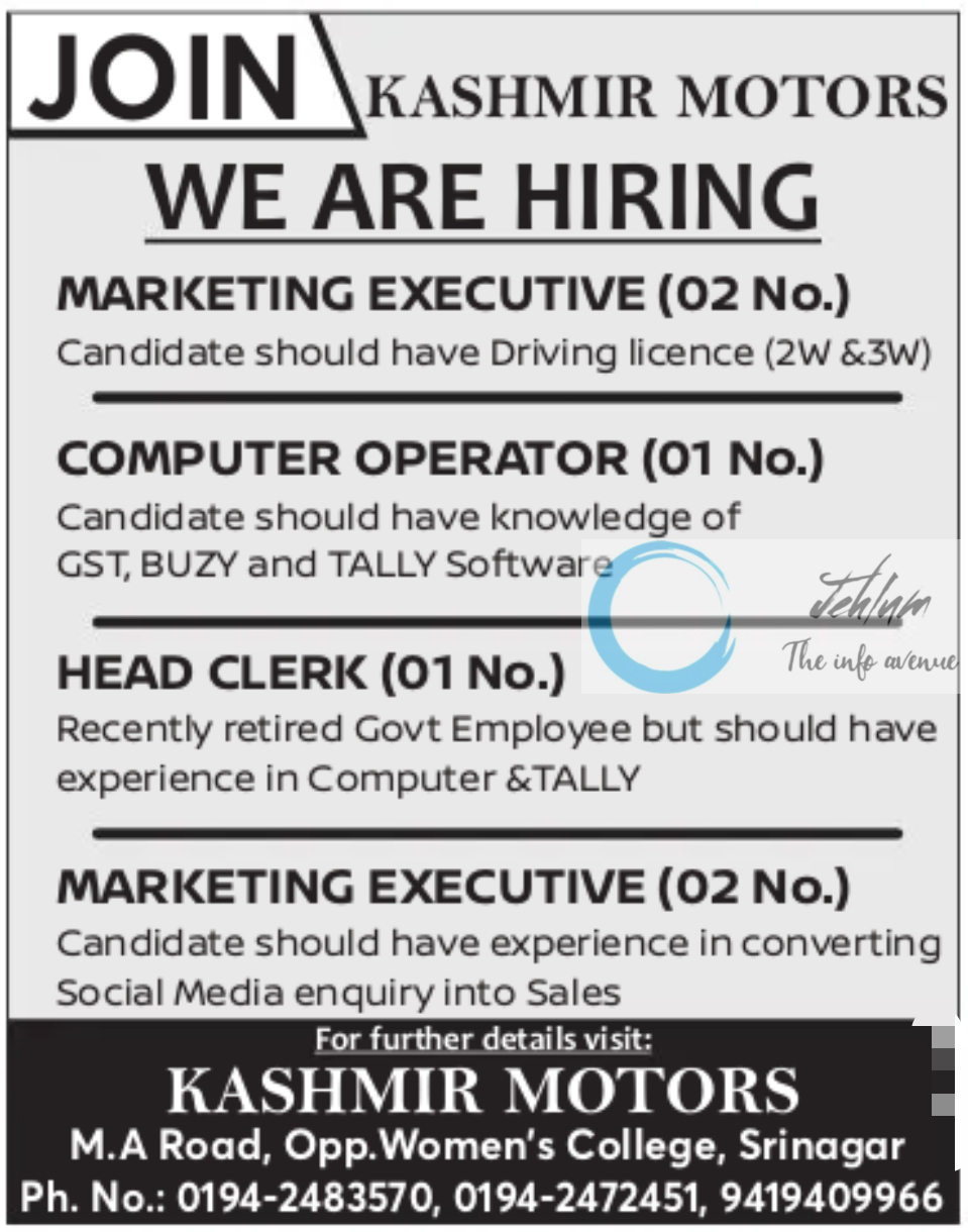 KASHMIR MOTORS SRINAGAR JOBS OPENINGS 2025