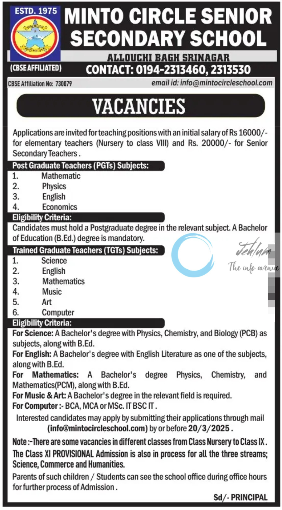 MINTO CIRCLE SR SEC SCHOOL SRINAGAR JOBS VACANCY 2025