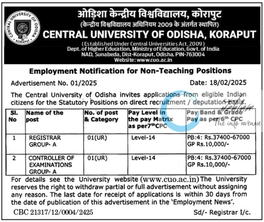 CENTRAL UNIVERSITY OF ODISHA Non-Teaching Employment Notification Advertisement No 01/2025