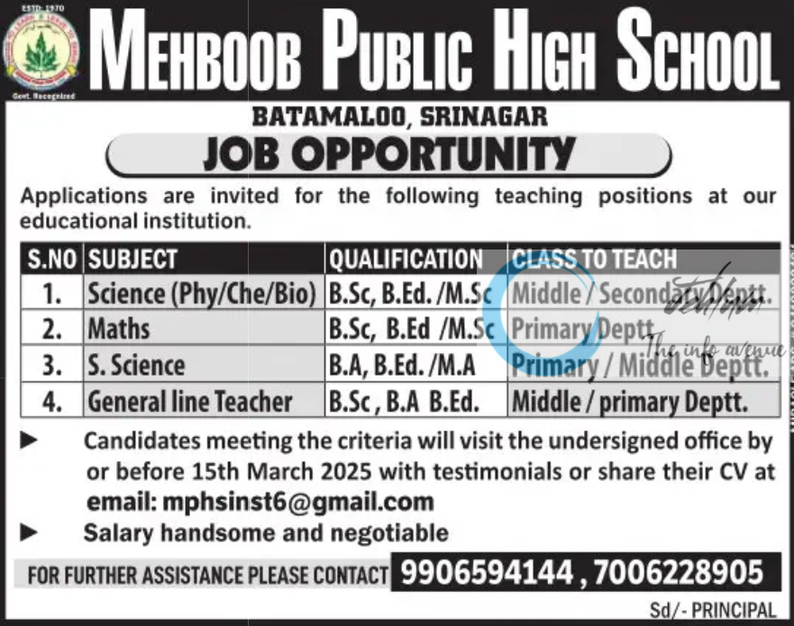 MEHBOOB PUBLIC HIGH SCHOOL SRINAGAR JOBS OPPORTUNITY 2025