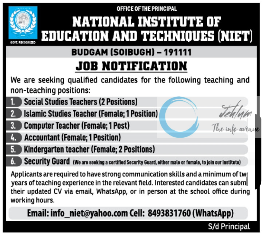 NATIONAL INSTITUTE OF EDUCATION AND TECHNIQUES NIET BUDGAM JOB NOTIFICATION 2025