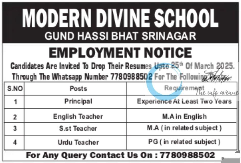 MODERN DIVINE SCHOOL SRINAGAR EMPLOYMENT NOTICE 2025