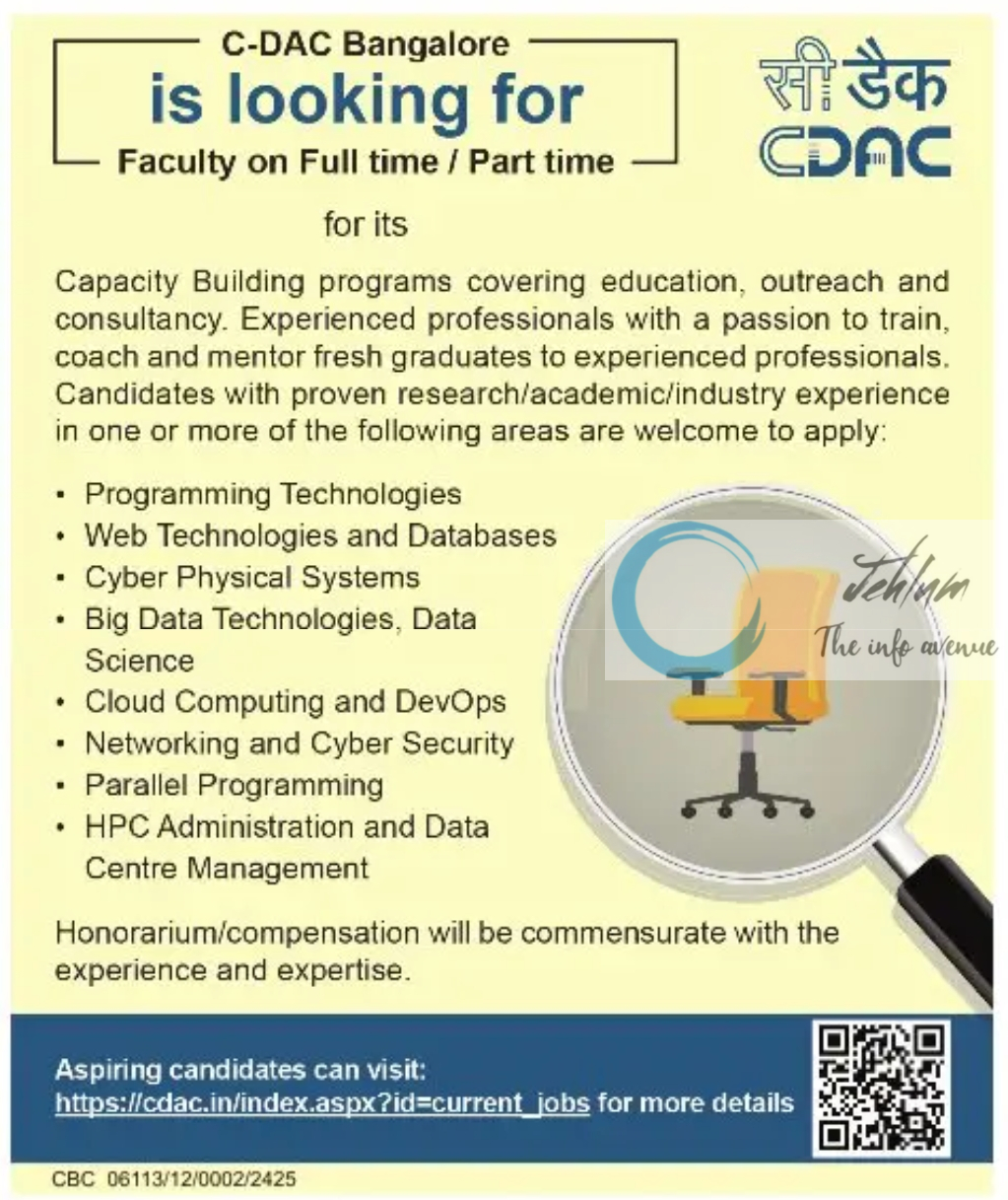 C-DAC Bangalore Faculty Recruitment Advertisement Notice 2025