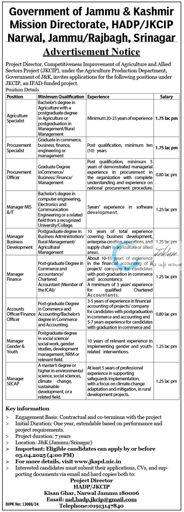 Competitiveness Improvement of Agriculture and Allied Sectors Project HADP/JKCIP Recruitment Advertisement Notice 2025