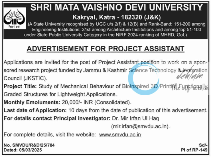 SHRI MATA VAISHNO DEVI UNIVERSITY PROJECT ASSISTANT ADVERTISEMENT NOTICE NO SMVDU/R&D/25/784