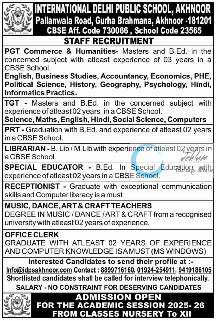 INTERNATIONAL DELHI PUBLIC SCHOOL AKHNOOR STAFF RECRUITMENT ADVERTISEMENT 2025