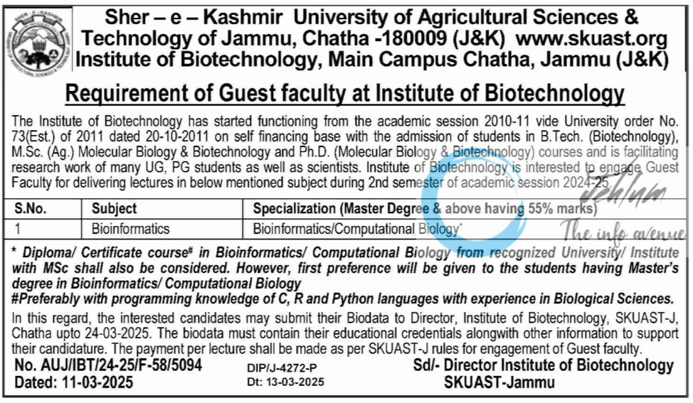 SKUAST Jammu Institute of Biotechnology Guest Faculty Recruitment Advt No AUJ/IBT/24-25/F-58/5094