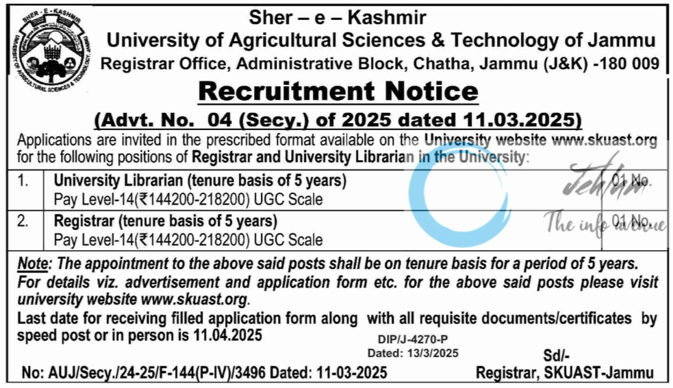 SKUAST Jammu Registrar/Librarian Recruitment Advt No 04 Secy of 2025