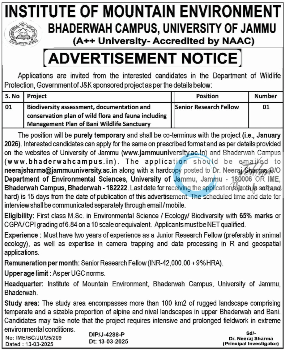 JAMMU UNIVERSITY BHADERWAH CAMPUS INSTITUTE OF MOUNTAIN ENVIRONMENT SRF ADVERTISEMENT NOTICE NO IME/BC/JU/25/209