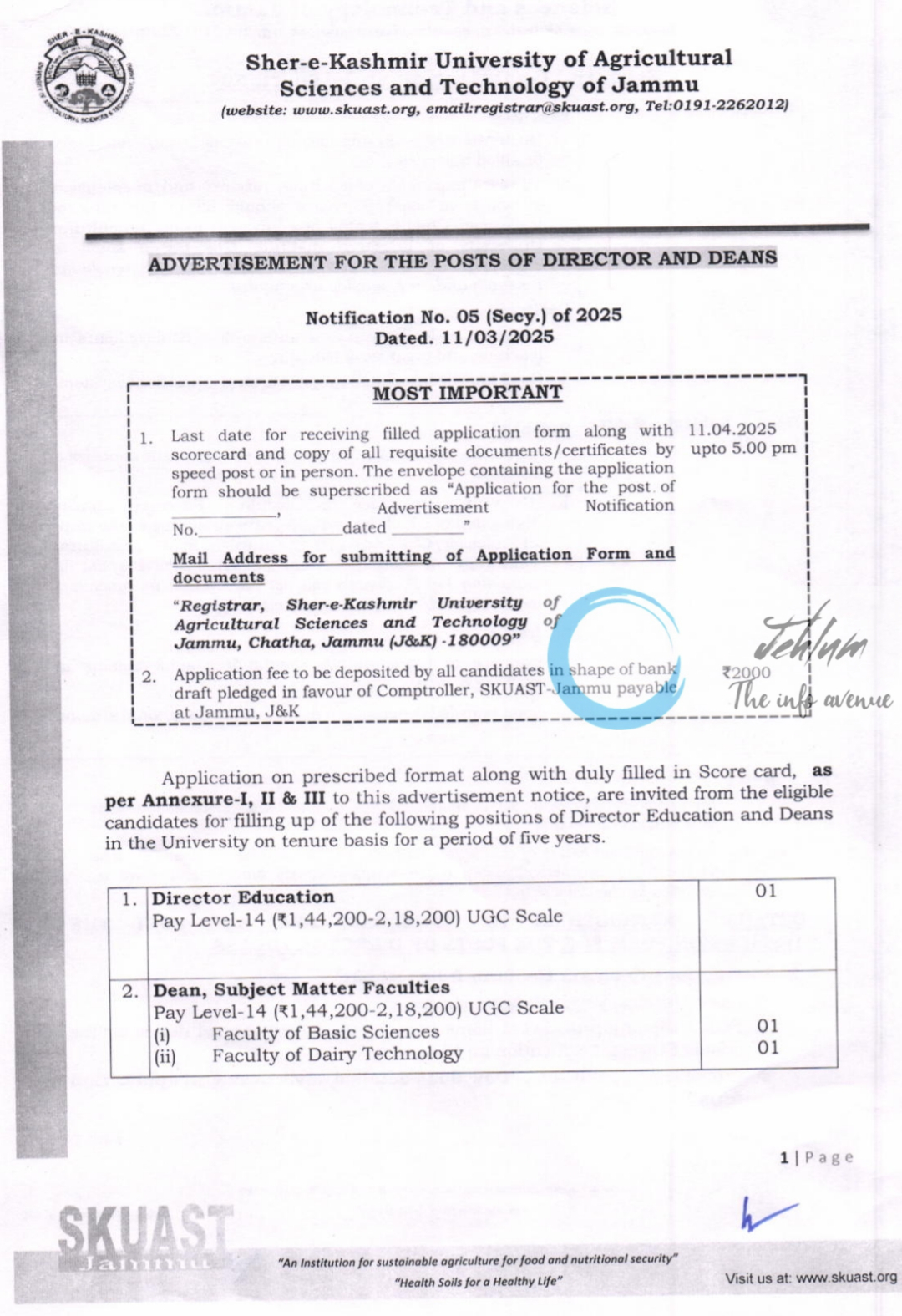 SKUAST JAMMU DIRECTOR/ DEANS ADVERTISEMENT NOTIFICATION NO 05 Secy OF 2025