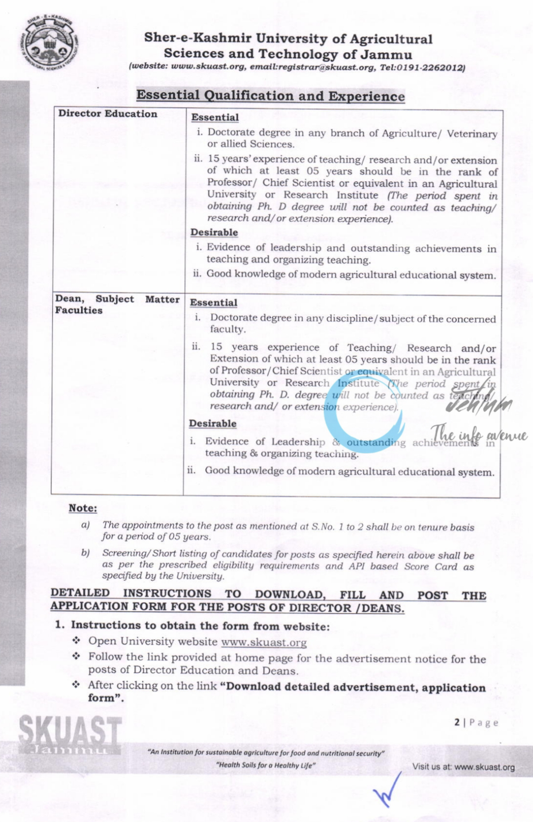 SKUAST JAMMU DIRECTOR/ DEANS ADVERTISEMENT NOTIFICATION NO 05 Secy OF 2025