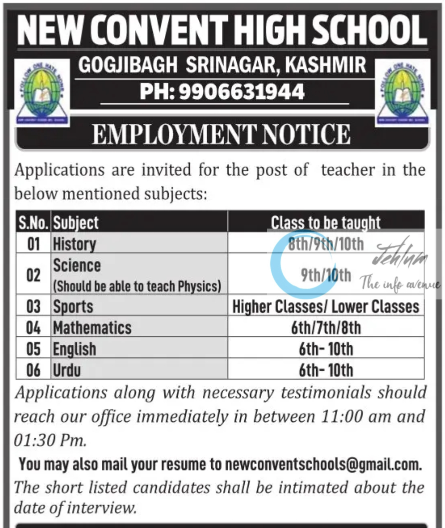 NEW CONVENT HIGH SCHOOL SRINAGAR EMPLOYMENT NOTICE 2025