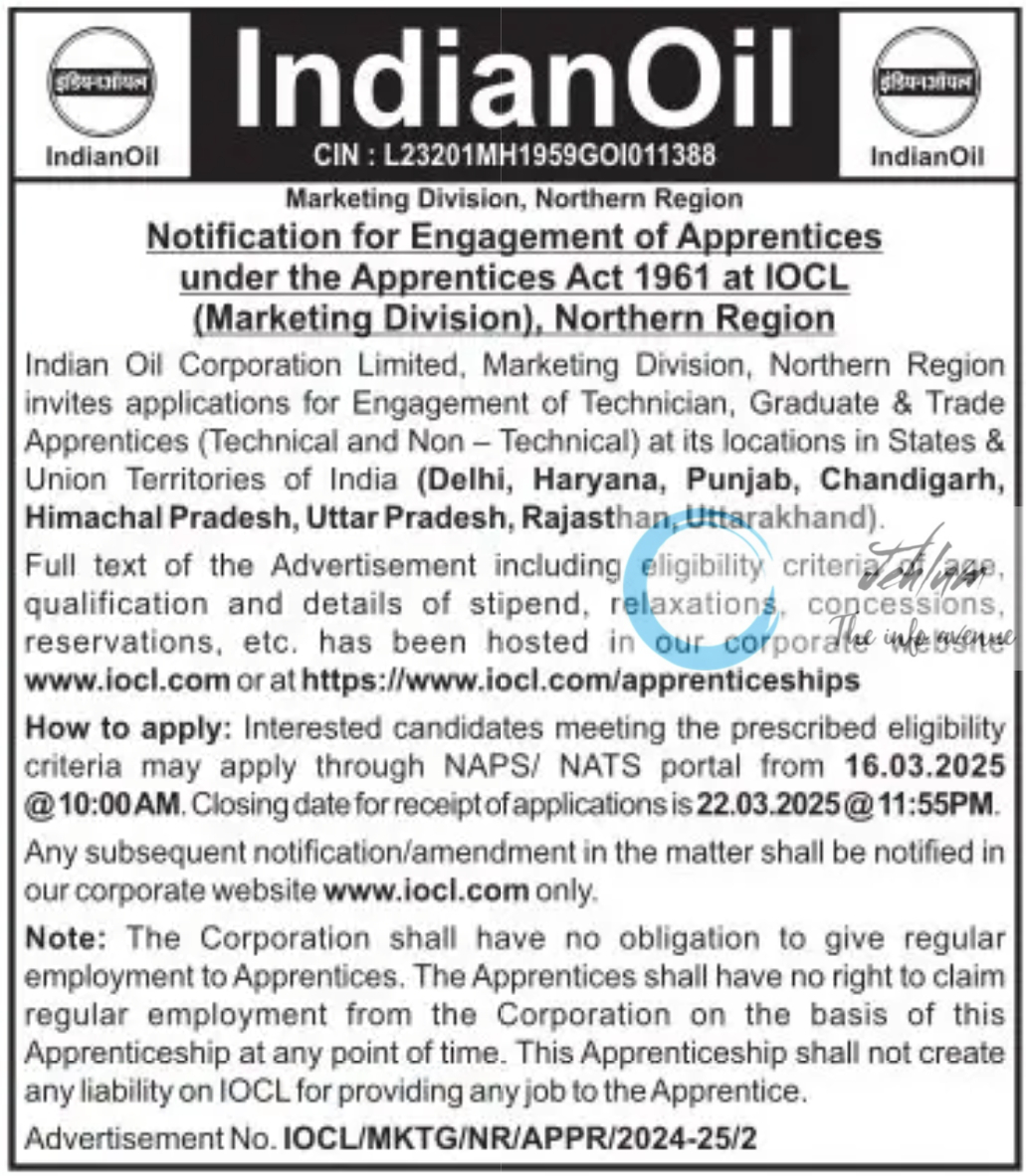 Indian Oil Corporation Limited Apprenticeship Advertisement No IOCL/MKTG/NR/APPR/2024-25/2