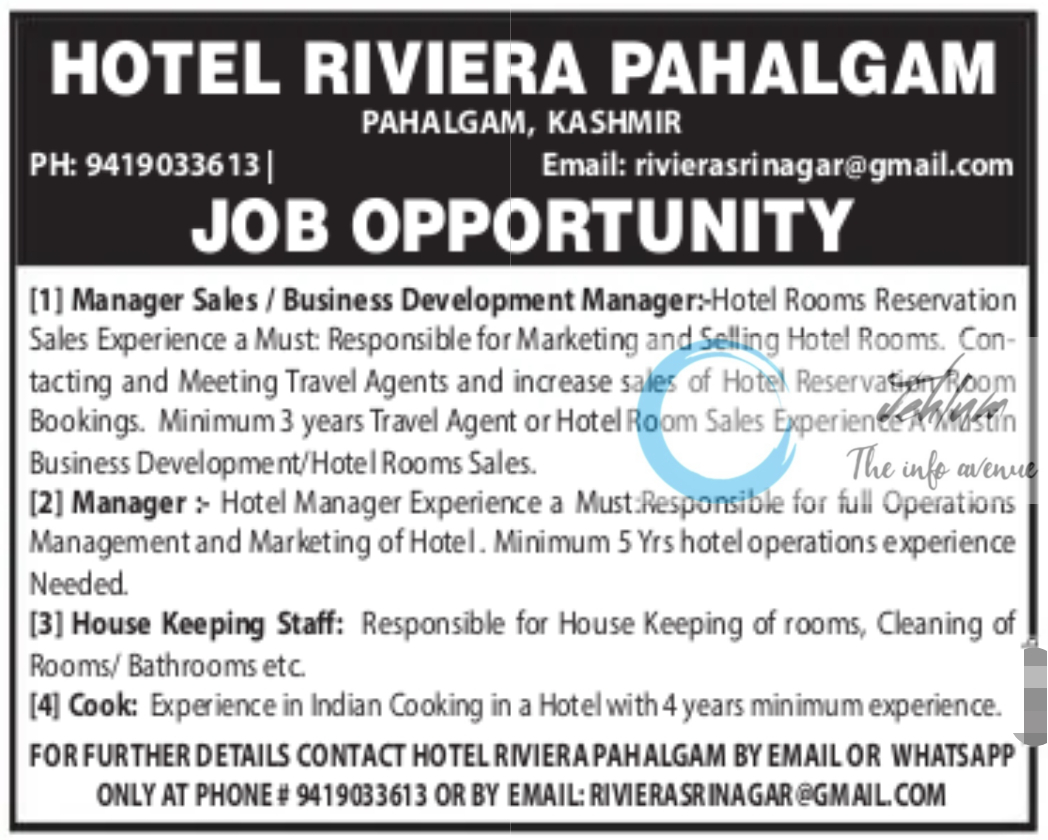 HOTEL RIVIERA PAHALGAM JOBS OPPORTUNITY 2025