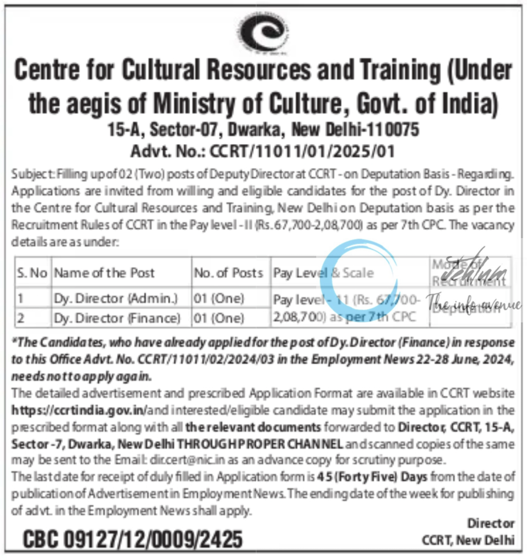 Centre for Cultural Resources and Training Recruitment Advt No CCRT/11011/01/2025/01