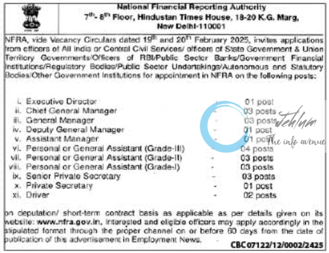 National Financial Reporting Authority NFRA Vacancy Circular Advertisement Notice 2025